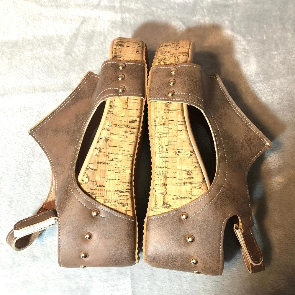 Womens Brown Faux Leather Cork Wedge Platform‎ Sandals Size 42 Studded Slingback